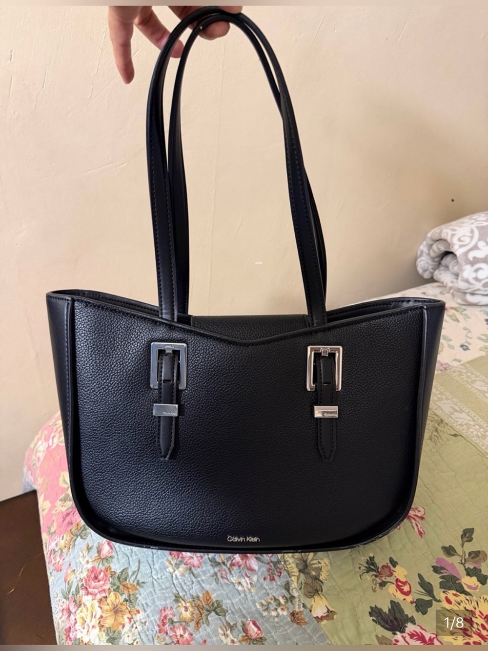 Calvin Klein Black Pebble-Texture Shoulder Tote with Silver Hardware